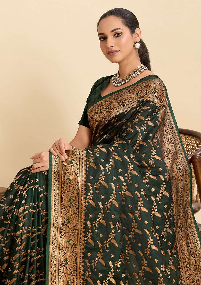 Green Satin Saree Set with Zari Work for Diwali | Wedding & Festive Wear - Indya