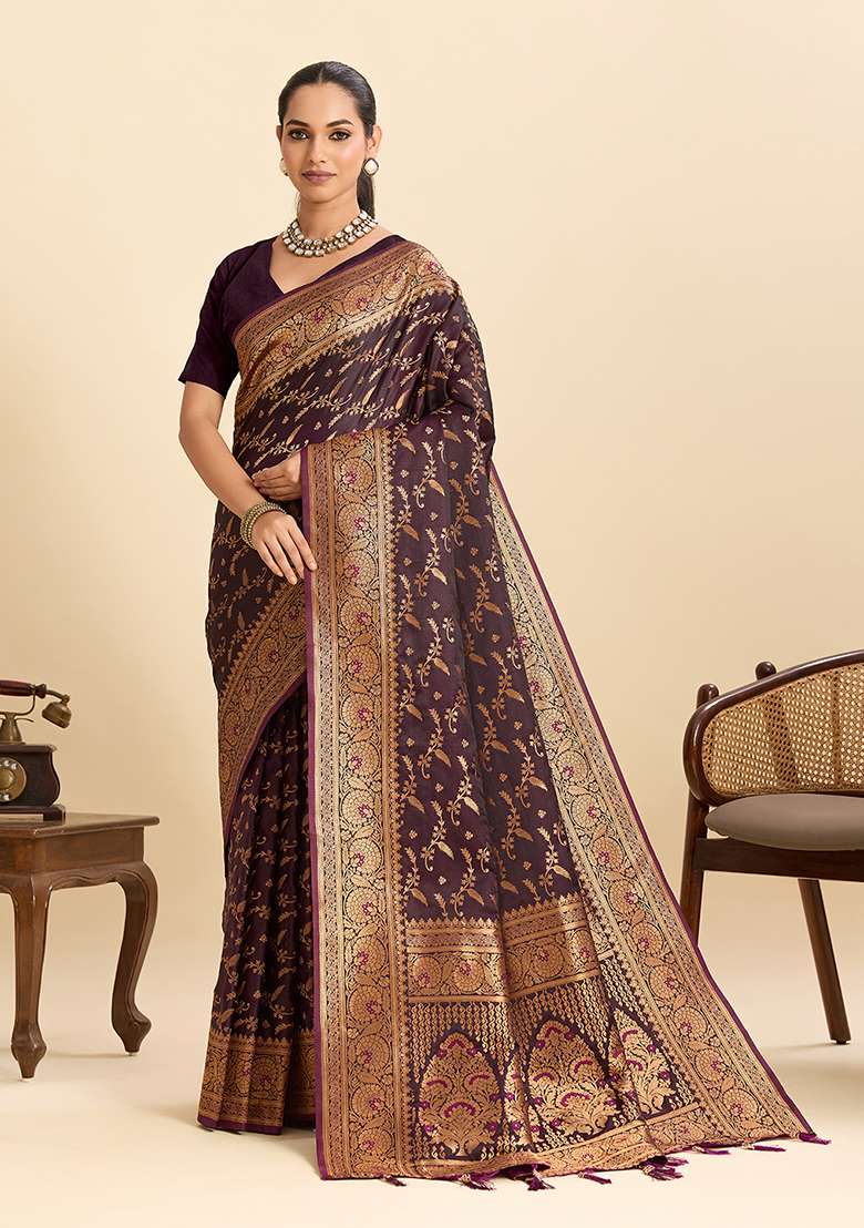 Beige Zari Work Satin Saree Set for Diwali and Festive Wear - Indya