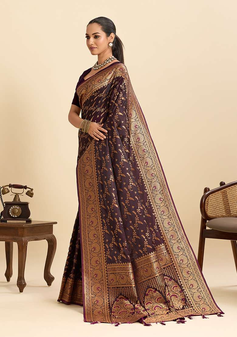 Beige Zari Work Satin Saree Set for Diwali and Festive Wear - Indya