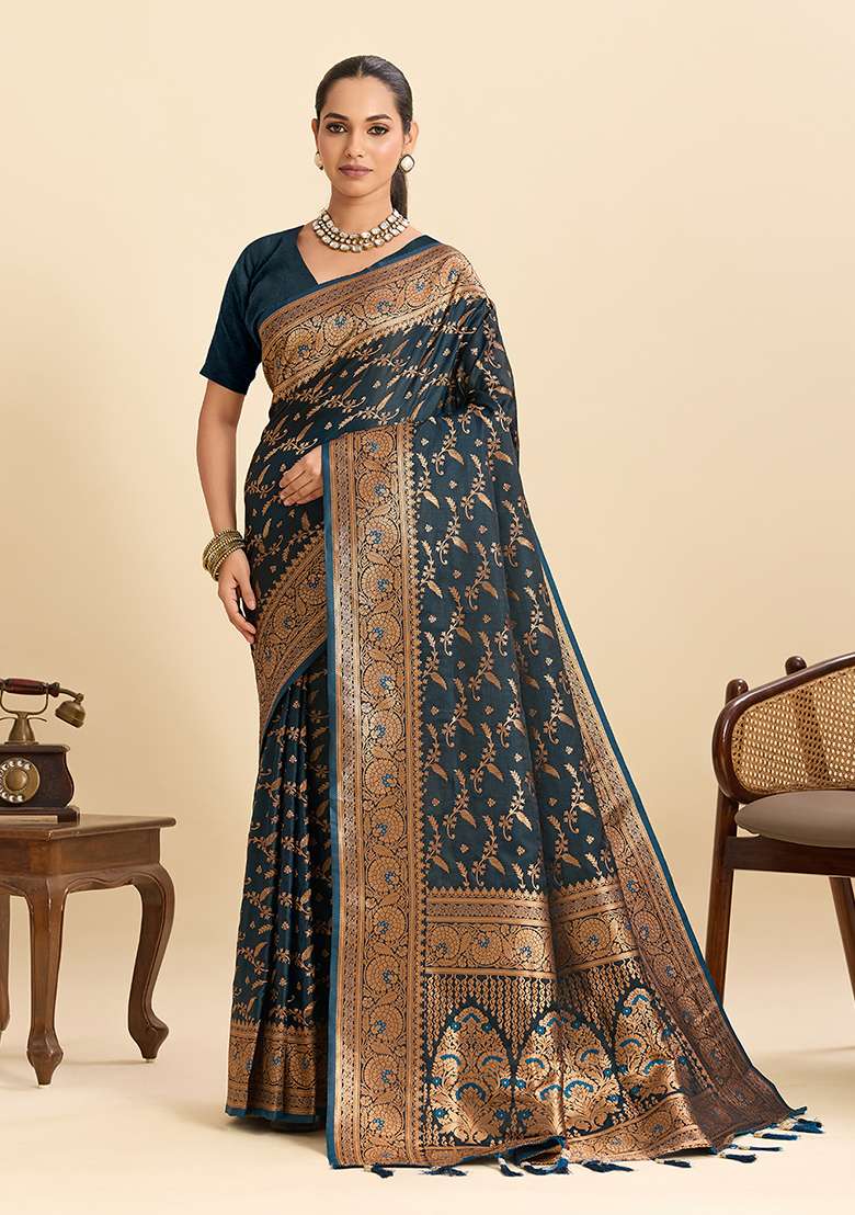Blue Satin Saree Set with Zari Work for Diwali | Wedding & Festive Wear - Indya
