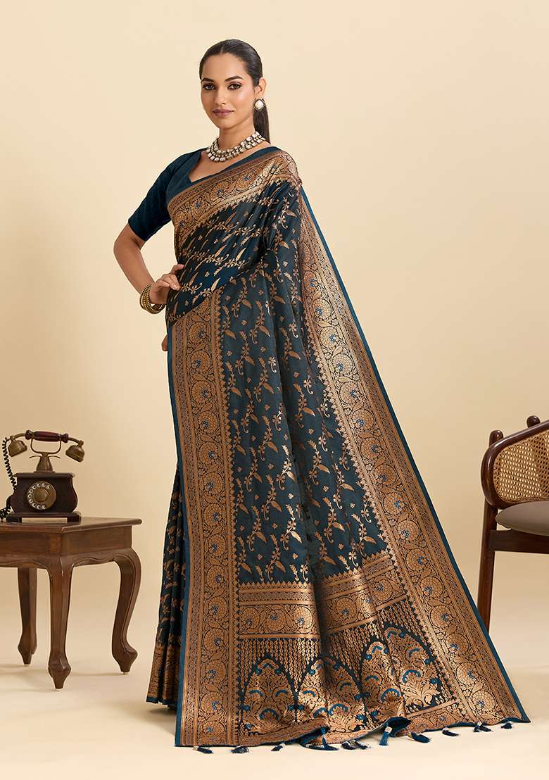 Blue Satin Saree Set with Zari Work for Diwali | Wedding & Festive Wear - Indya