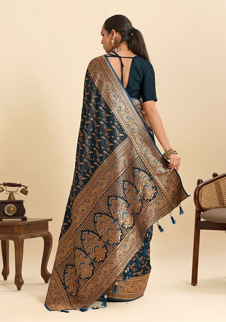 Blue Satin Saree Set with Zari Work for Diwali | Wedding & Festive Wear - Indya