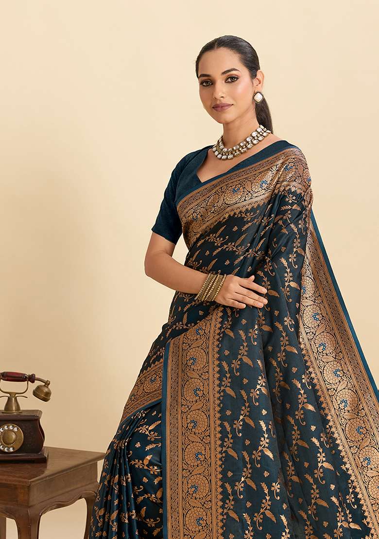 Blue Satin Saree Set with Zari Work for Diwali | Wedding & Festive Wear - Indya