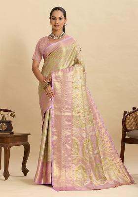 Beige Zari Work Silk Saree Set