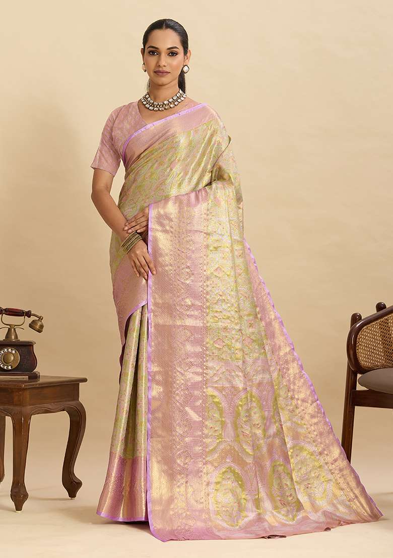 Beige Zari Work Silk Blend Saree Set for Diwali and Festive Wear - Indya