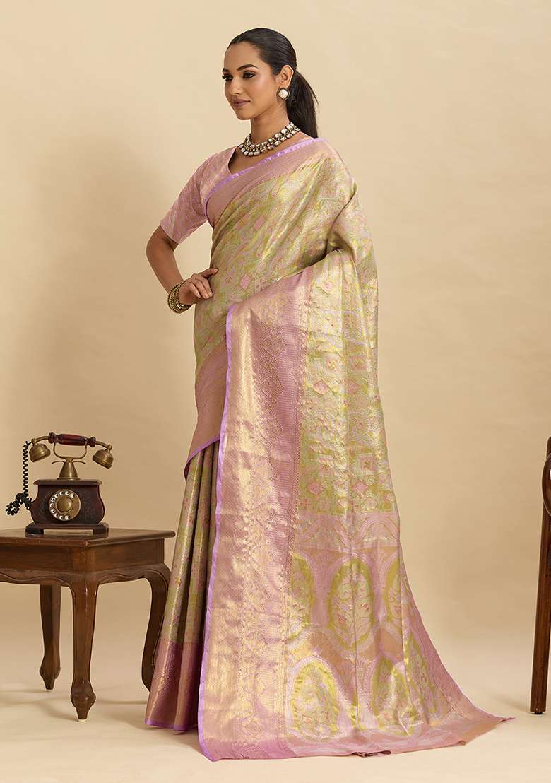 Beige Zari Work Silk Blend Saree Set for Diwali and Festive Wear - Indya