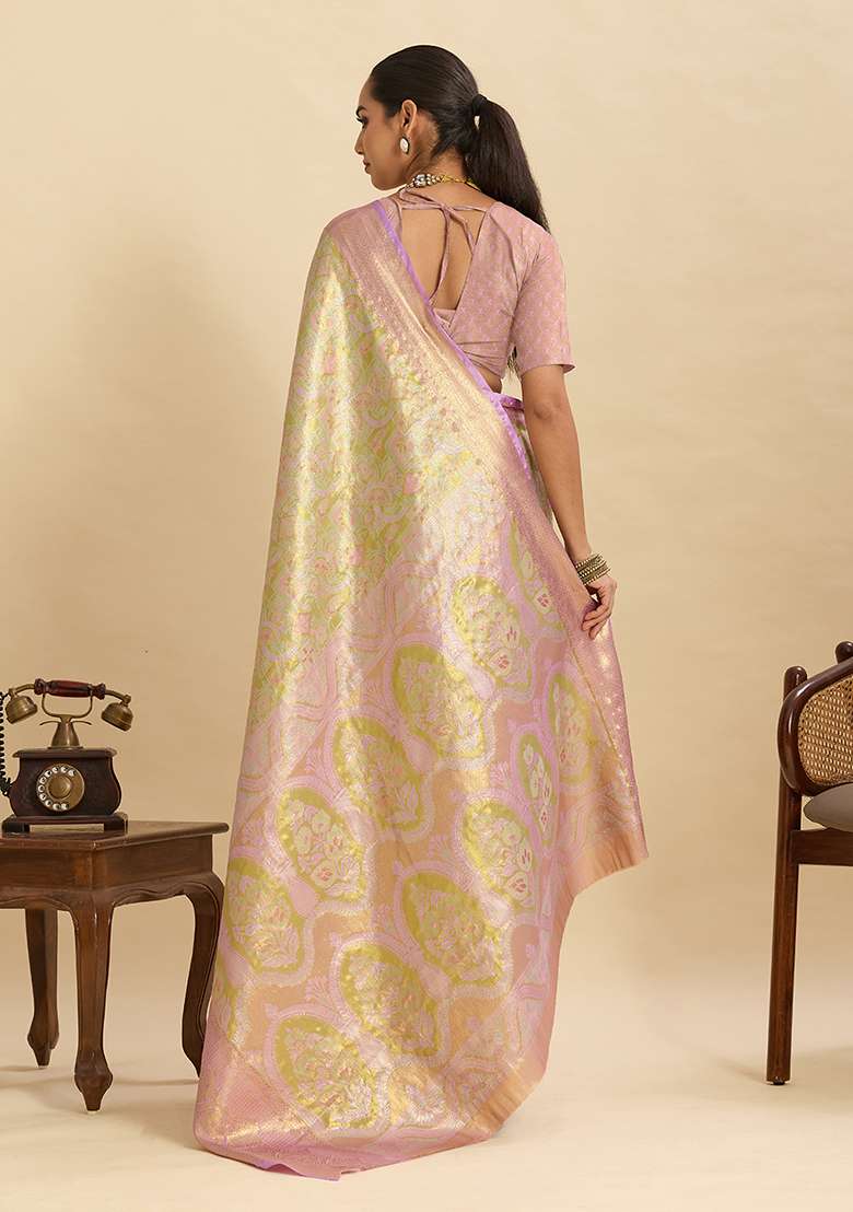 Beige Zari Work Silk Blend Saree Set for Diwali and Festive Wear - Indya
