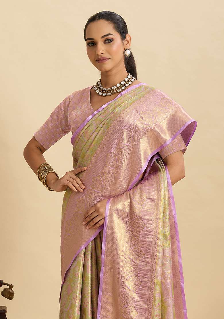 Beige Zari Work Silk Blend Saree Set for Diwali and Festive Wear - Indya