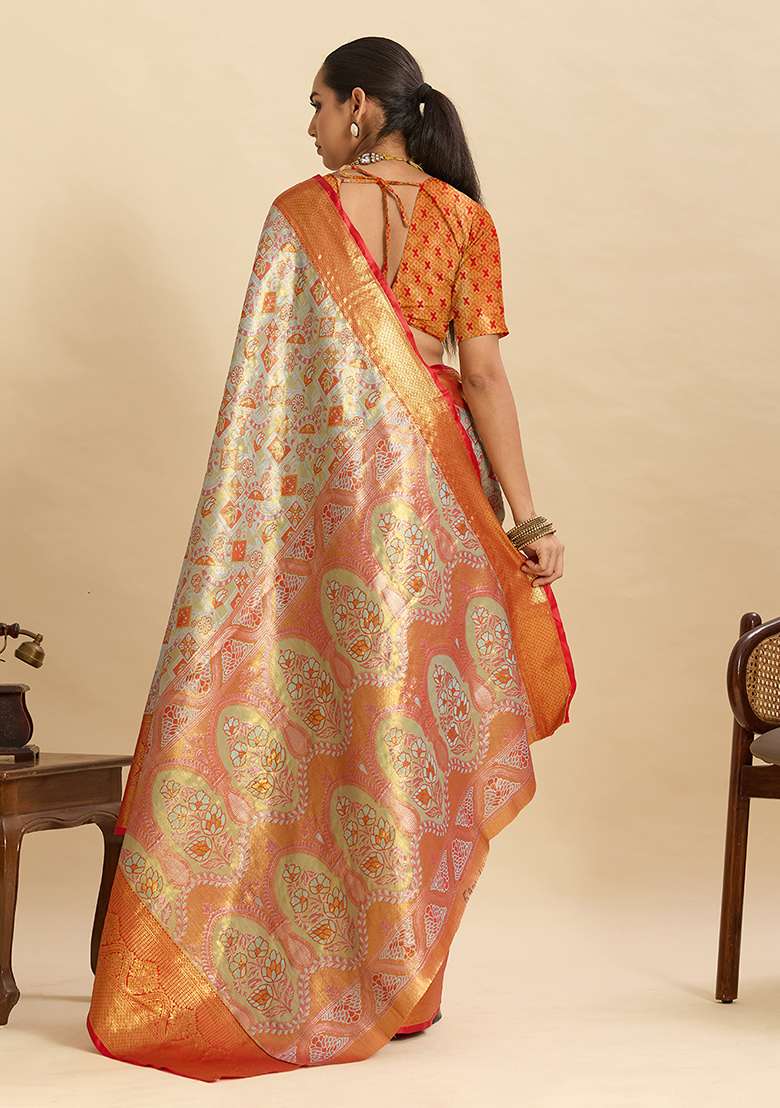 Orange Silk Blend Saree Set with Zari Work for Diwali | Wedding & Festive Wear - Indya