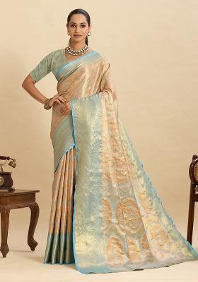 Beige Zari Work Silk Saree Set