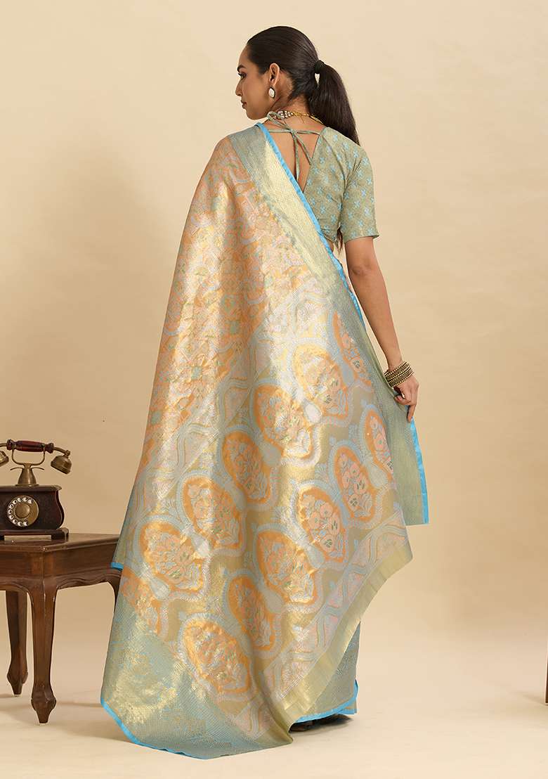 Beige Zari Work Silk Blend Saree Set for Diwali and Festive Wear - Indya