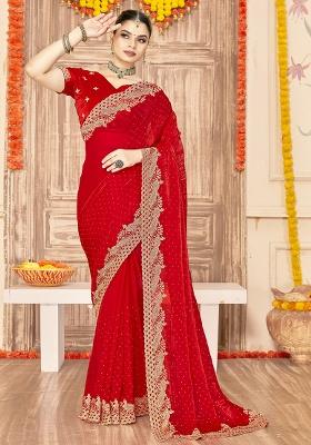 Red Embroidered Silk Saree Set