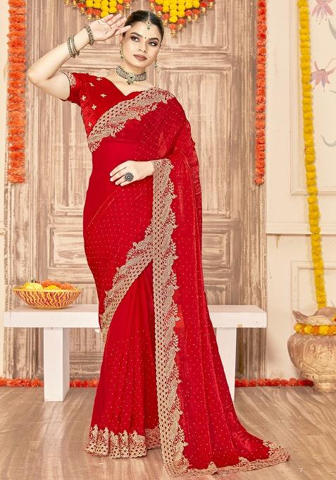 Red Embroidered Silk Saree Set