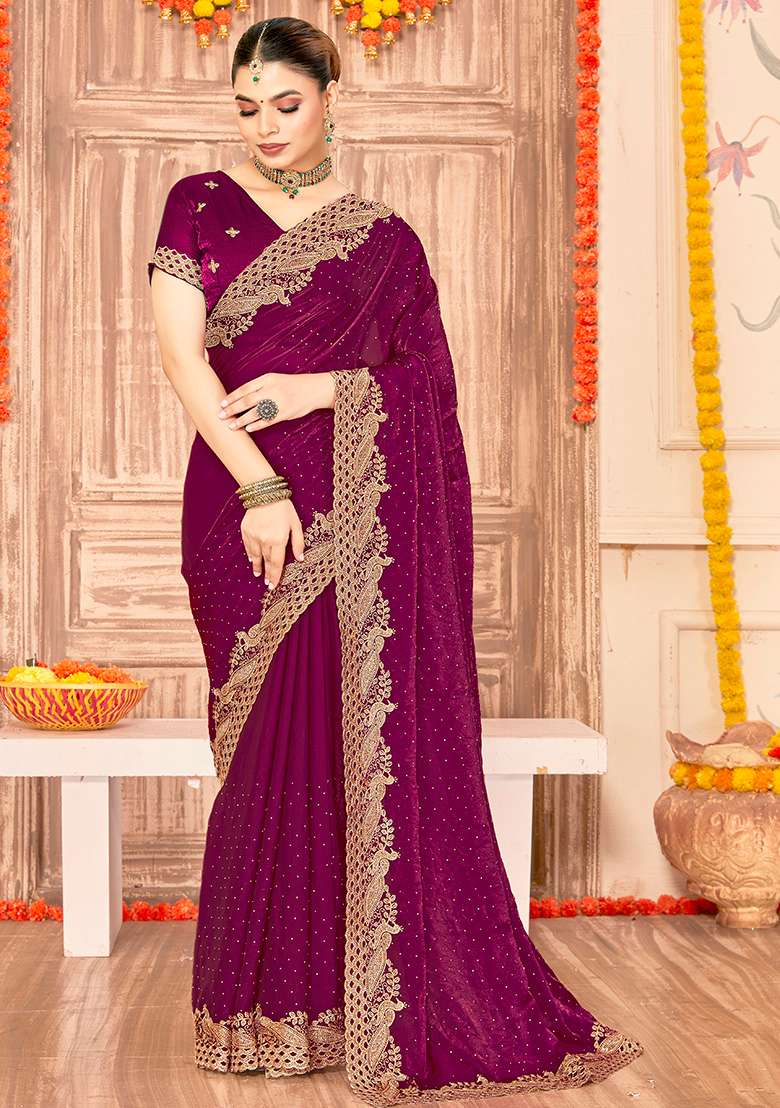 Wine Silk Blend Saree Set with Embroidered for Diwali | Wedding & Festive Wear - Indya