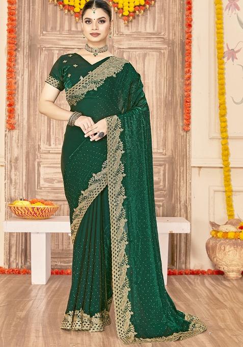 Green Embroidered Silk Saree Set