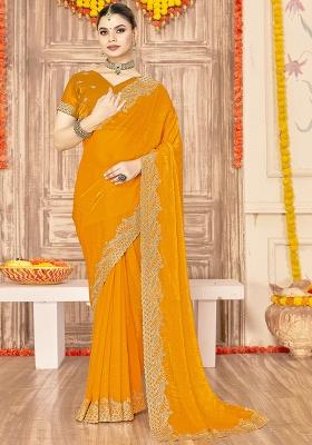 Yellow Embroidered Silk Blend Saree Set