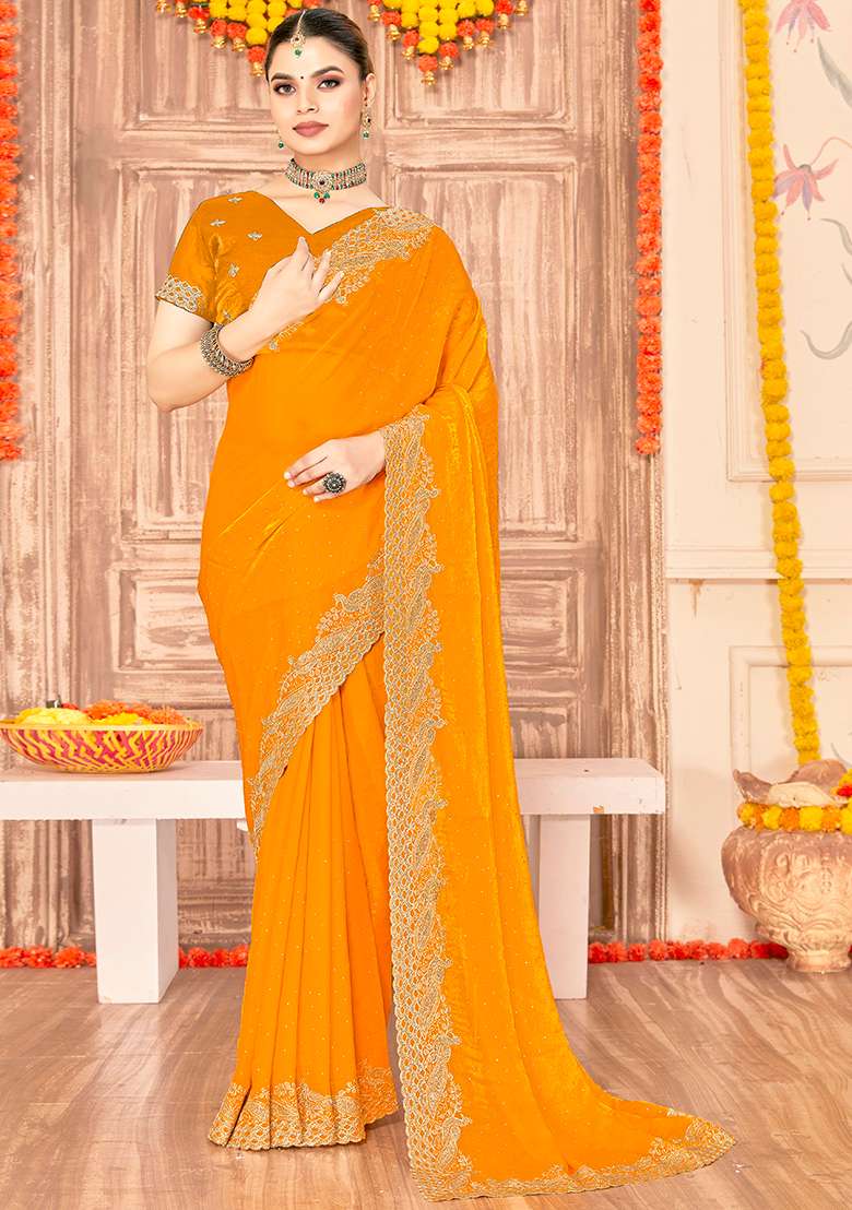 Yellow Embroidered Silk Blend Saree Set for Diwali and Festive Wear - Indya