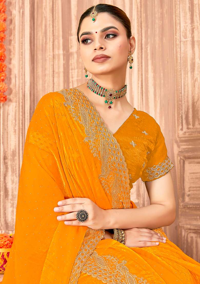 Yellow Embroidered Silk Blend Saree Set for Diwali and Festive Wear - Indya