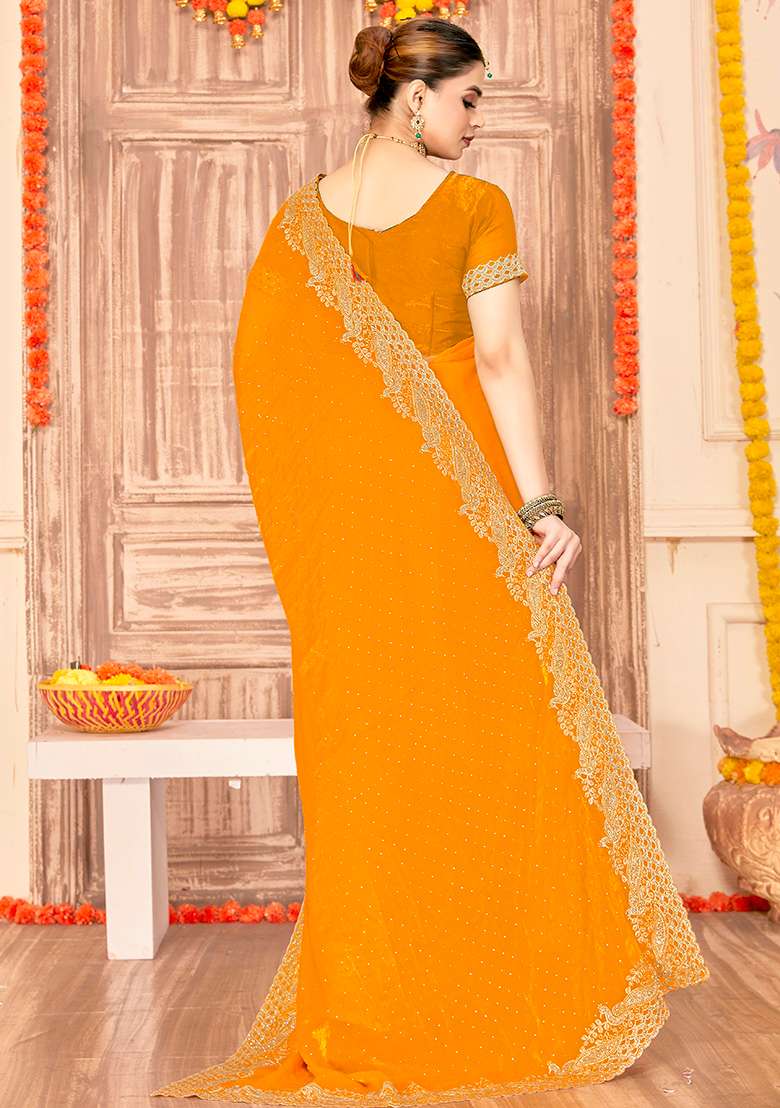 Yellow Embroidered Silk Blend Saree Set for Diwali and Festive Wear - Indya