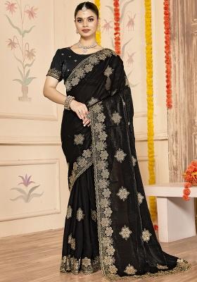 Black Embroidered Silk Saree Set