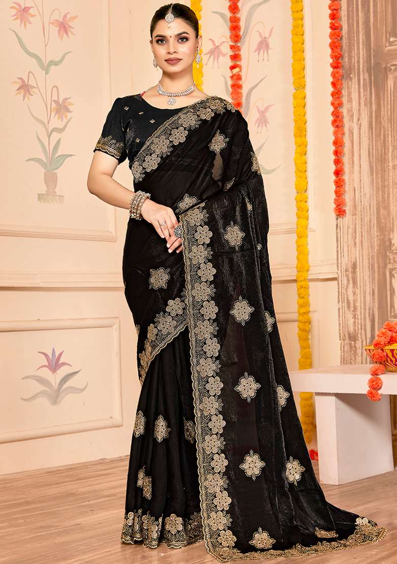 Black Embroidered Silk Blend Saree Set for Diwali and Festive Wear - Indya