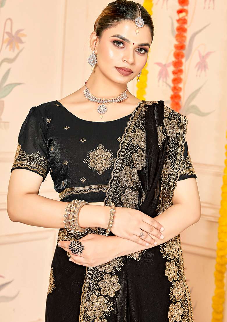 Black Embroidered Silk Blend Saree Set for Diwali and Festive Wear - Indya
