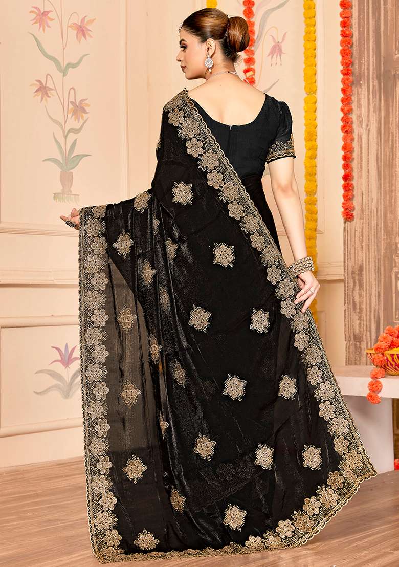 Black Embroidered Silk Blend Saree Set for Diwali and Festive Wear - Indya