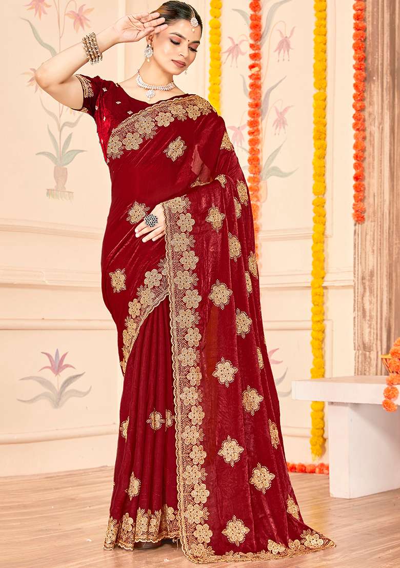 Maroon Silk Blend Saree Set with Embroidered for Diwali | Wedding & Festive Wear - Indya