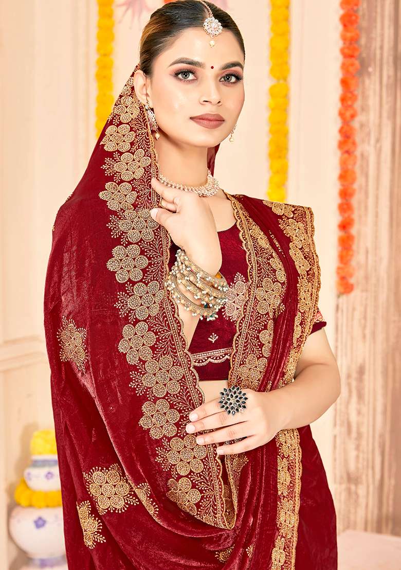 Maroon Silk Blend Saree Set with Embroidered for Diwali | Wedding & Festive Wear - Indya