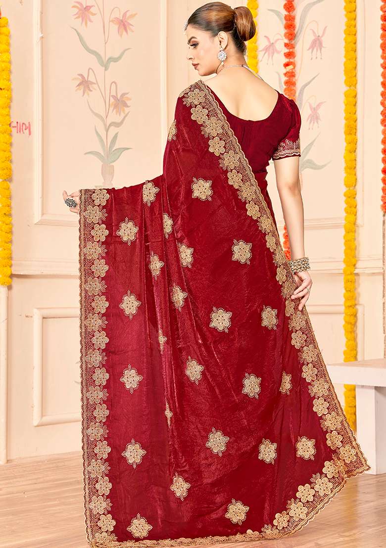 Maroon Silk Blend Saree Set with Embroidered for Diwali | Wedding & Festive Wear - Indya