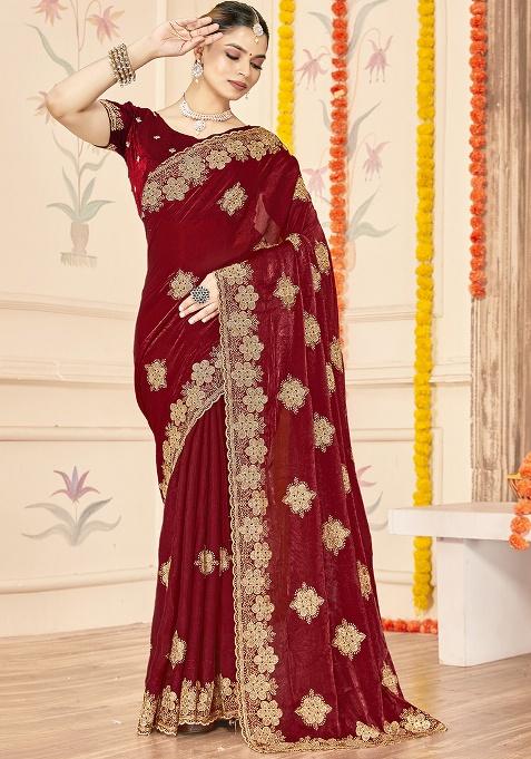 Maroon Embroidered Silk Saree Set