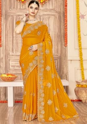 Yellow Embroidered Silk Blend Saree Set