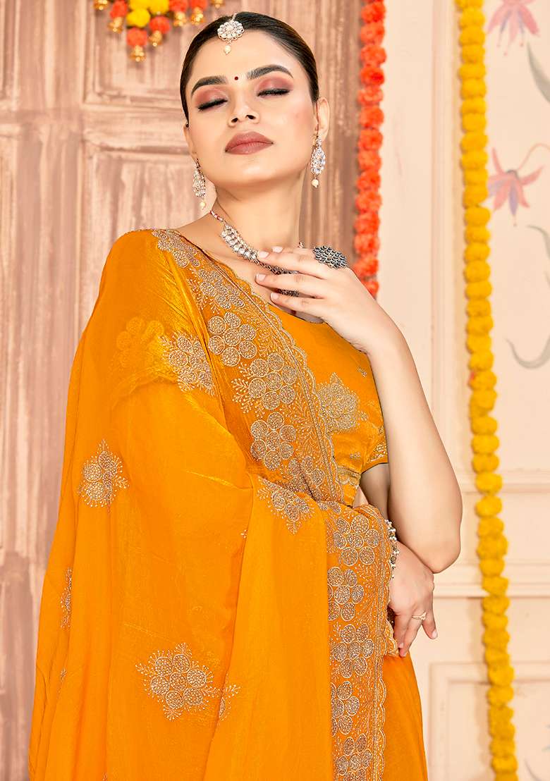 Yellow Embroidered Silk Blend Saree Set for Diwali and Festive Wear - Indya
