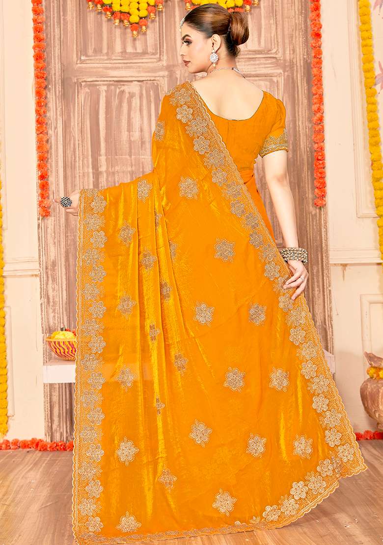 Yellow Embroidered Silk Blend Saree Set for Diwali and Festive Wear - Indya