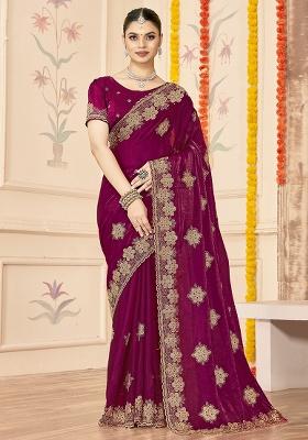 Wine Embroidered Silk Saree Set