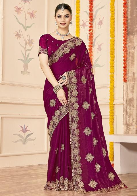 Wine Embroidered Silk Saree Set
