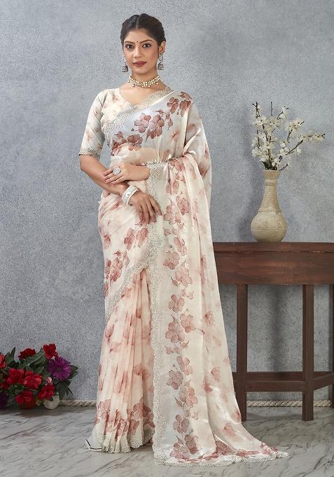 Peach Zircon Cut Satin Saree Set