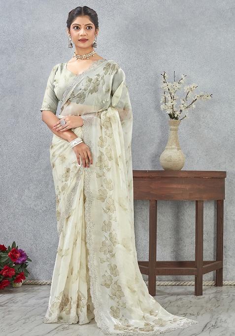 Green Zircon Cut Satin Saree Set