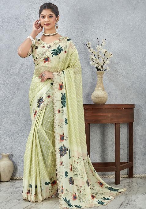 Green Zircon Cut Silk Saree Set