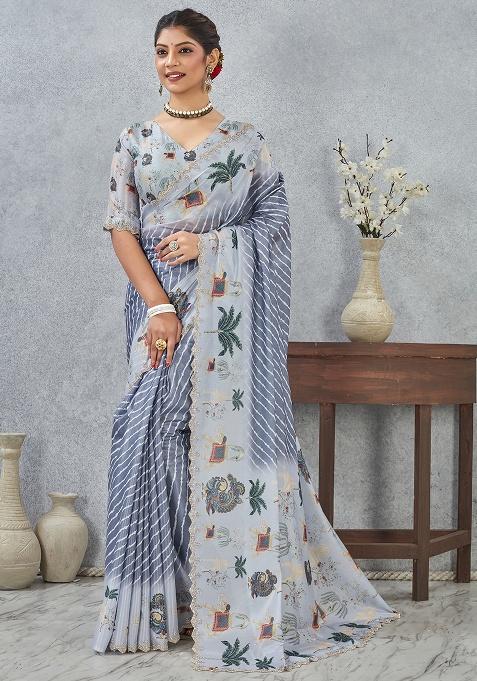 Grey Zircon Cut Silk Saree Set
