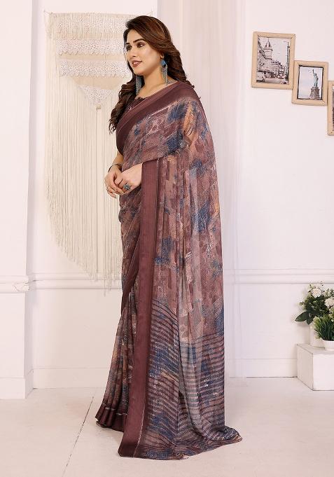 Brown Printed Satin Saree Set