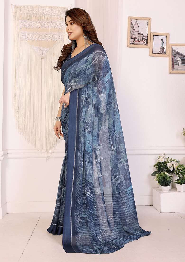 Blue Satin Saree Set with Printed for Diwali | Wedding & Festive Wear - Indya