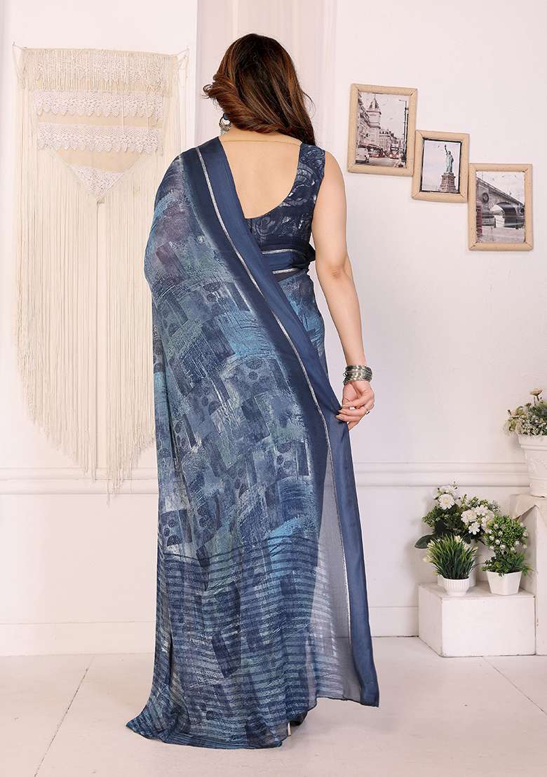Blue Satin Saree Set with Printed for Diwali | Wedding & Festive Wear - Indya