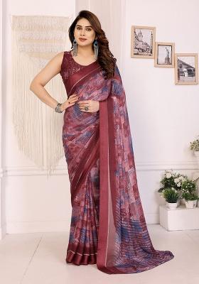 Maroon Printed Satin Saree Set