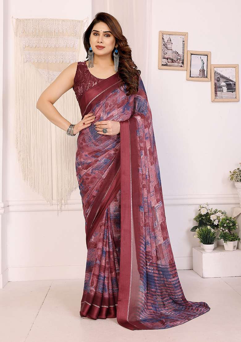 Maroon Printed Satin Saree Set - Indya
