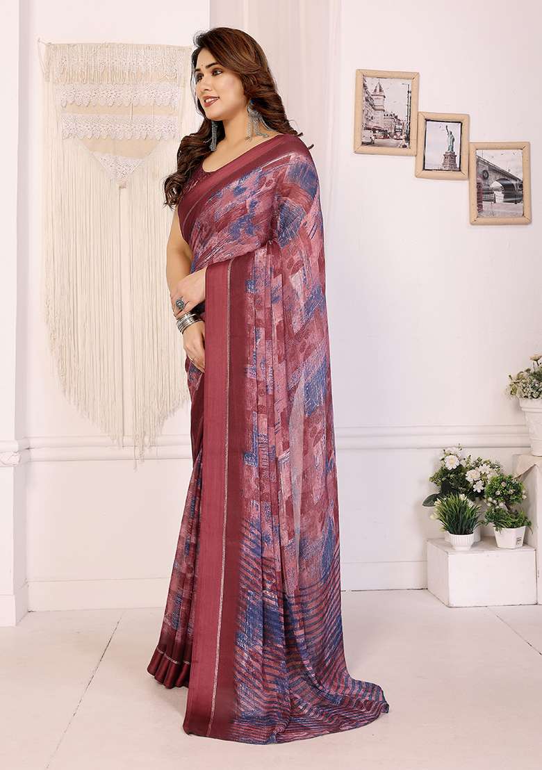 Maroon Printed Satin Saree Set - Indya