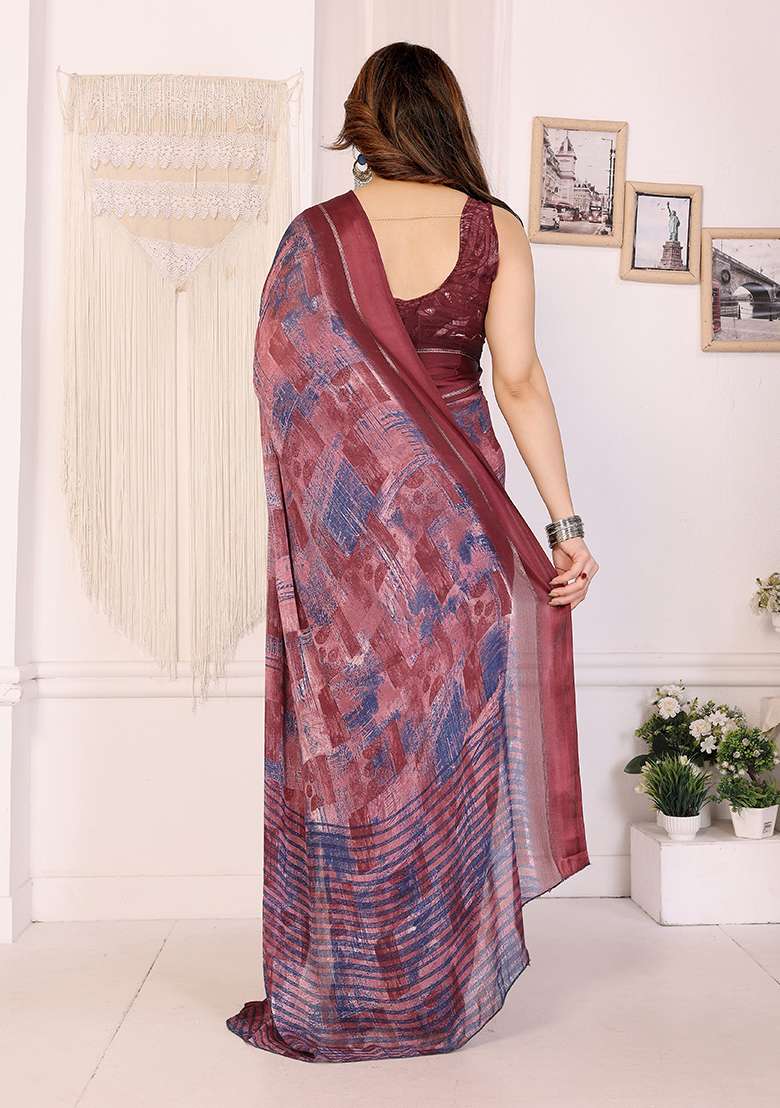 Maroon Printed Satin Saree Set - Indya