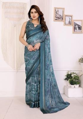 Blue Printed Satin Saree Set