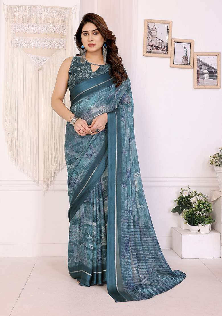 Blue Satin Saree Set with Printed for Diwali | Wedding & Festive Wear - Indya