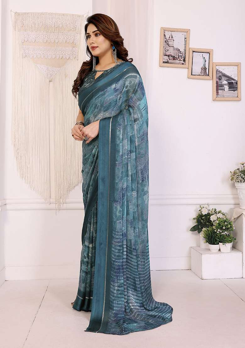 Blue Satin Saree Set with Printed for Diwali | Wedding & Festive Wear - Indya